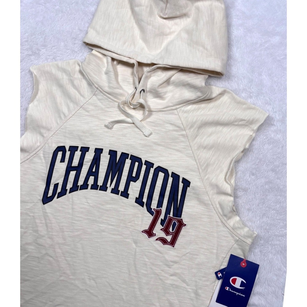 NEW Champion Sleeveless Hoodie Men M Cream SpellOut Raw Hem Street Athletic Surf